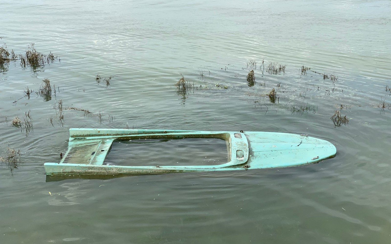 A submerged, waterlogged boat hull floats among dead reeds in murky water